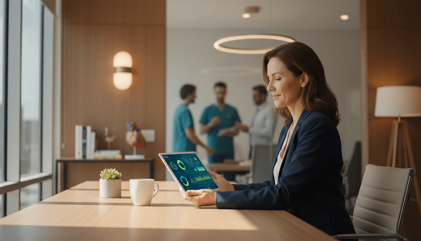 Healthcare executive reviewing performance metrics on tablet at office desk